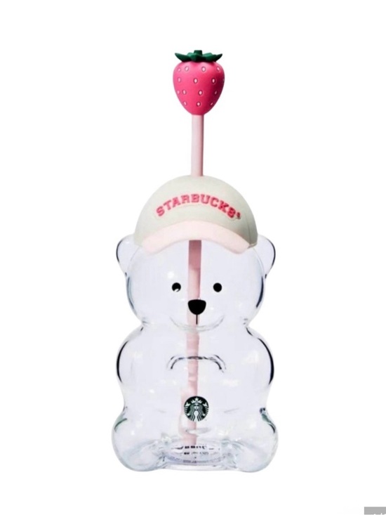 Starbucks Other - Starbucks Clear Bear Tumbler with Pink Strawberry Topper and Pink Straw